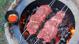 Cheesy Skewered Skirt Steak with Salsa Verde Recipe  Over The Fire Cooking shorts [upl. by Richelle]