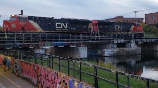 TRAINS CN Mixed Freight Crossing Lachine Canal Bridge From South Bank Bike Path [upl. by Abehshtab]