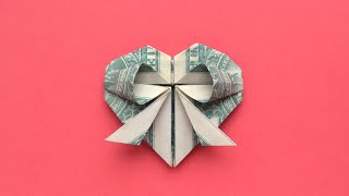 My MONEY HEART WITH BOW  Dollar Origami for Valentines Day  Tutorial DIY by NProkuda [upl. by Ilac104]