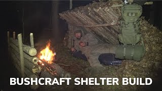 Solo Overnight Building a Lean To Shelter and Campfire Bacon Wrapped Kielbasa [upl. by Ruscher703]