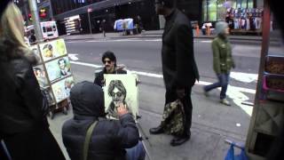 Banksy getting portrait drawn in Times Square NYC [upl. by Ferro]