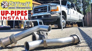 2001 F350 73  RiffRaff UpPipes Install  Stock up pipes leaking and falling apart JUNK SP [upl. by Esirahs]