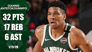 Giannis Antetokounmpo records 32 points 17 rebounds in Bucks vs Blazers  201920 NBA Highlights [upl. by Lombardy973]