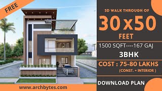 30x50 House Design 3D  1500 Sqft  167 Gaj  3 BHK  Modern Design  Terrace Garden  9x15 Meters [upl. by Bodkin]